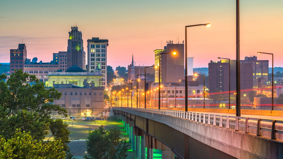 The skyline of Youngstown, Ohio, at sunset