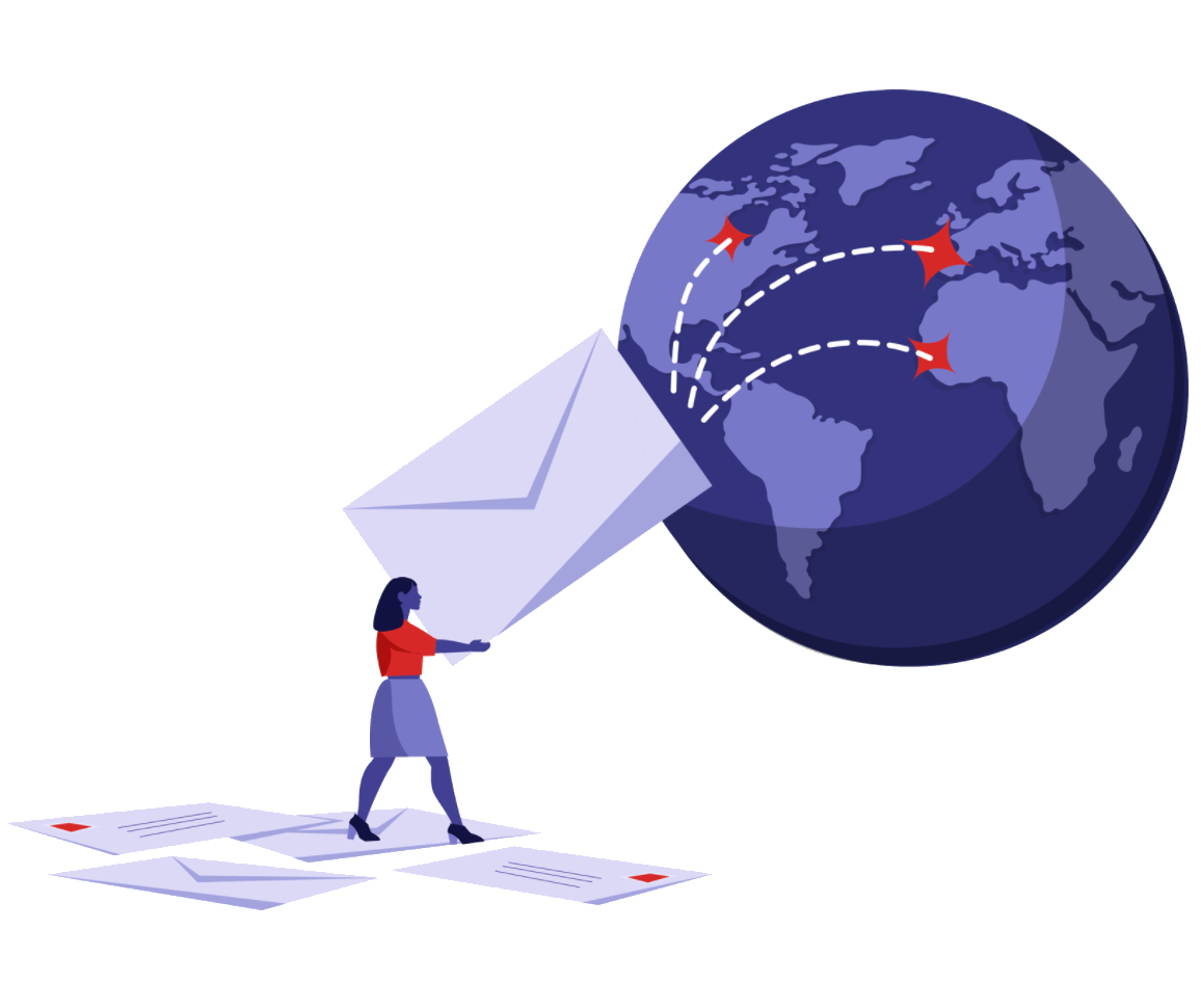 Image of paper letters being sent to several parts of the globe.