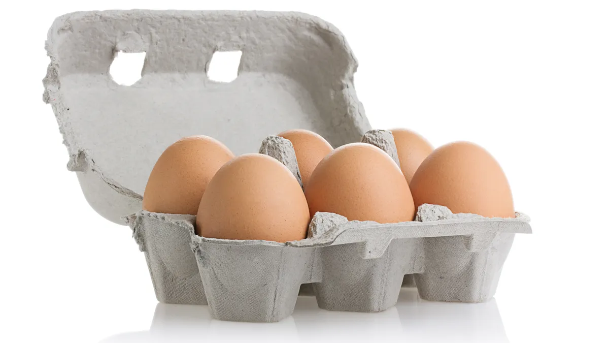 Six brown eggs in a paper carton