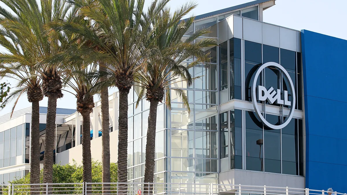 The Dell logo is displayed on the exterior of the new Dell research and development facility on October 19, 2011 in Santa Clara, California.