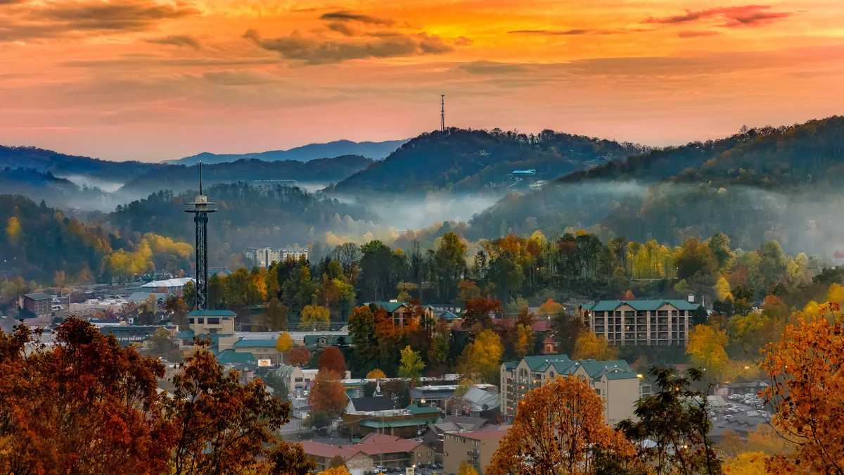 The sun rises over the rural, Tennessee mountain town of Gatlinburg.