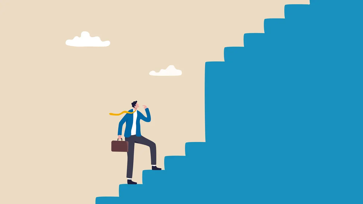 Businessman walk up stair to find huge difficult step.