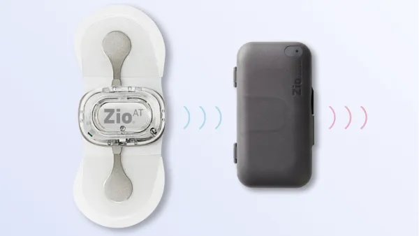 iRhythm's Zio AT cardiac monitor is shown against a white background.