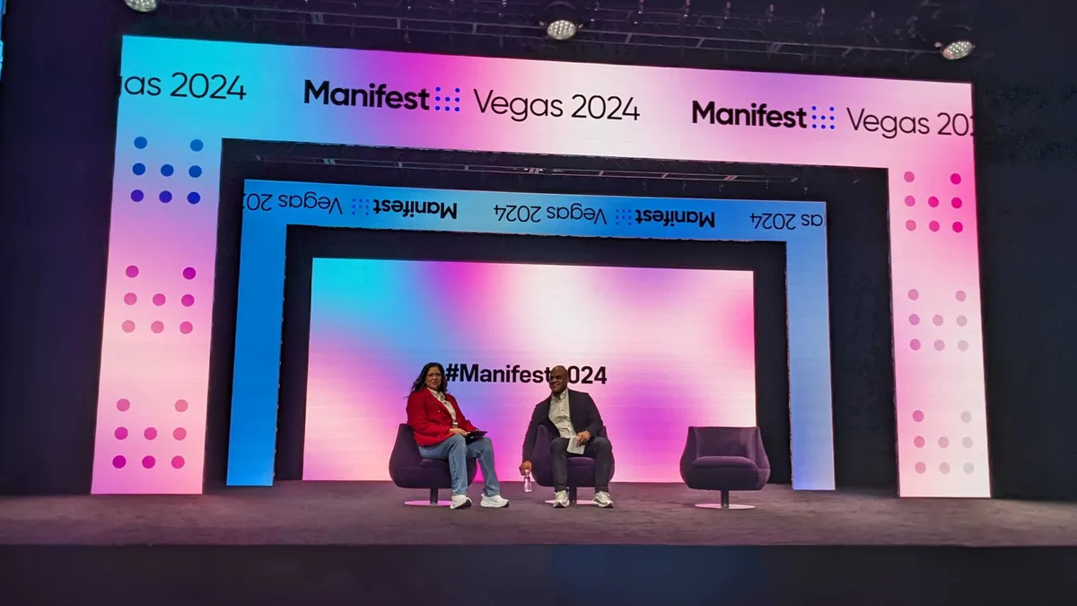 Foot Locker COO Elliott Rodgers and Future Insights Network CEO Maria Villablanca speak at Manifest Vegas 2024 on Tuesday, Feb. 6.