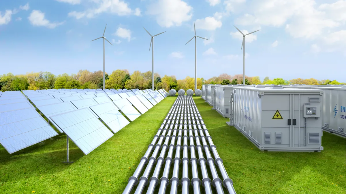 3d rendering amount of energy storage systems or battery container units with solar and turbine farm