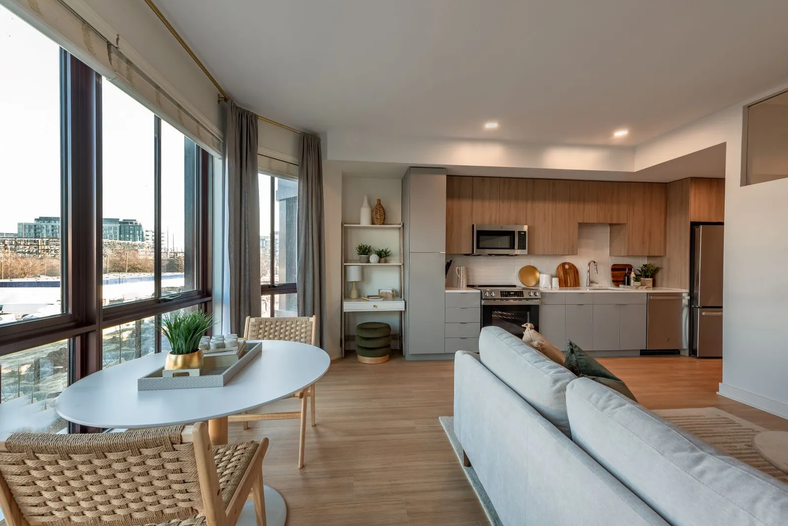 An apartment living room and kitchen.