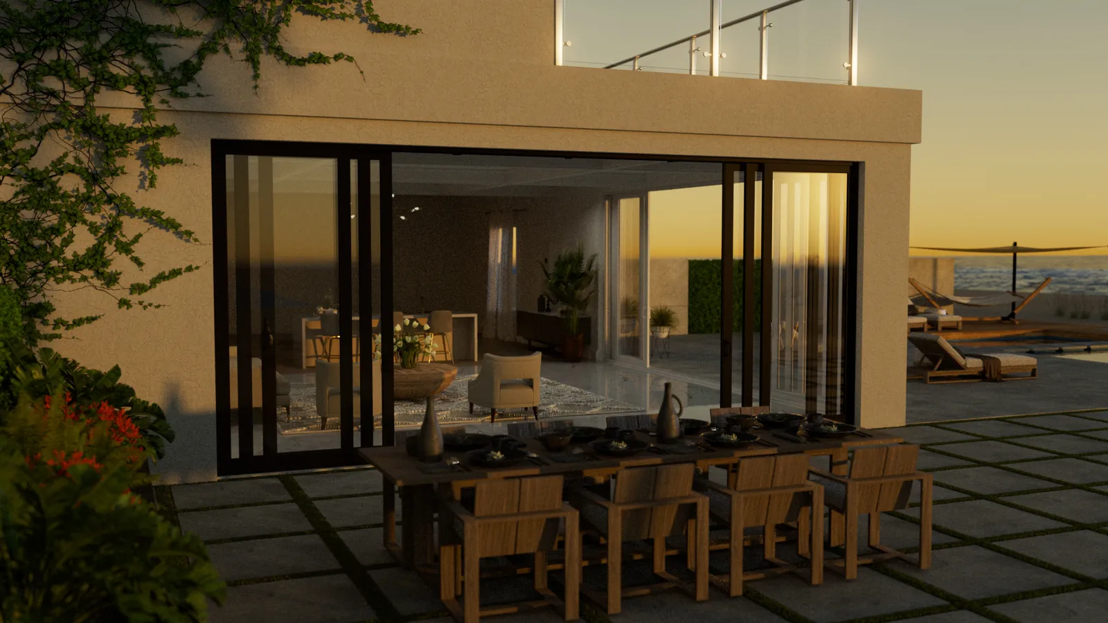 A sliding patio door leading onto a deck.