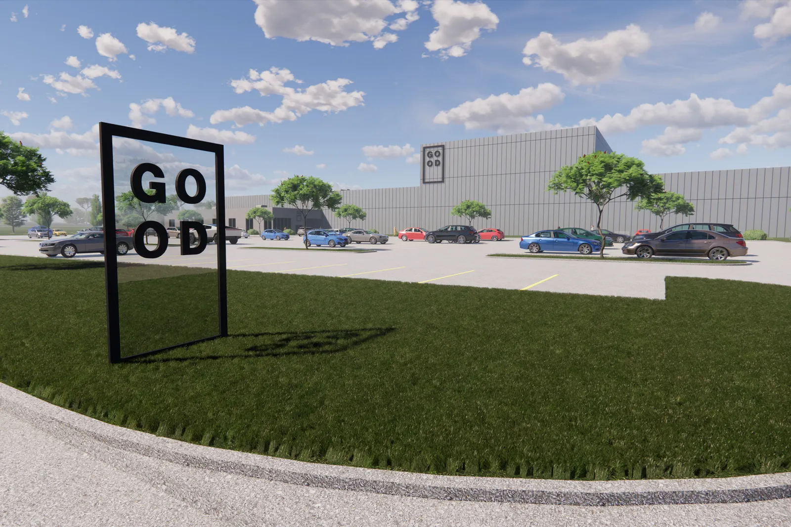 A drawing of a large grey building with Good Meat's rectangular logo on it with a parking lot in front. There is a bit of grass lawn in front of that, which has a transparent Good Meat sign.