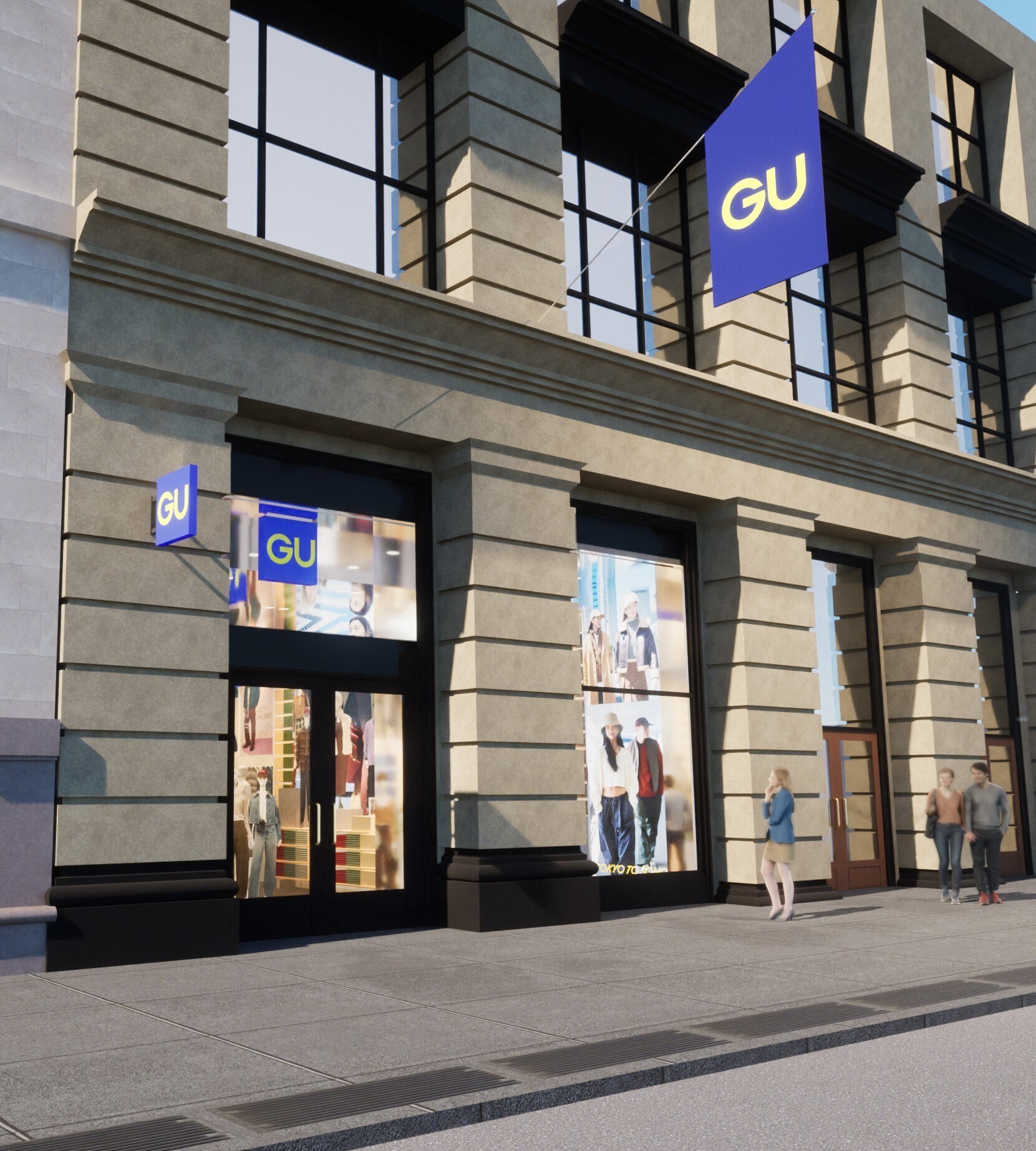 Digital illustration of a GU storefront.