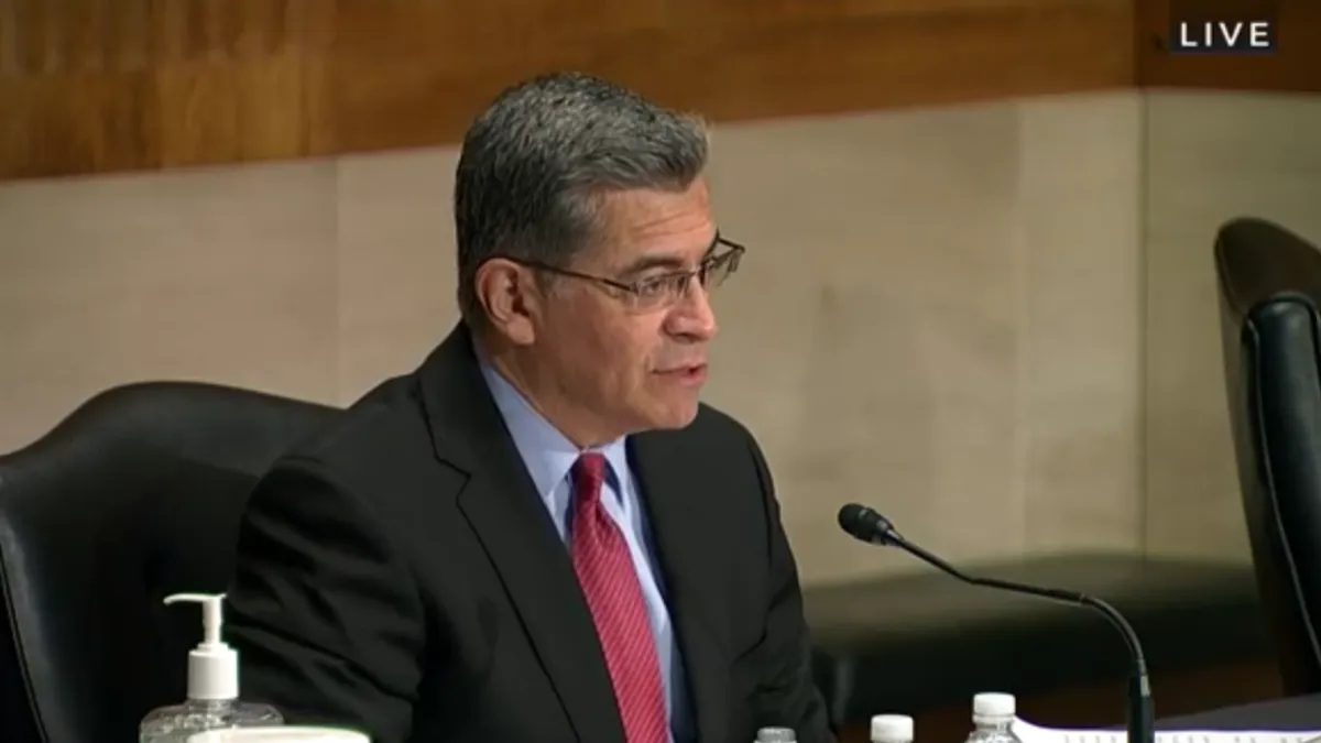 California Attorney General Xavier Becerra, President Joe Biden's nominee for HHS secretary, at his confirmation hearing before the Senate health committee.