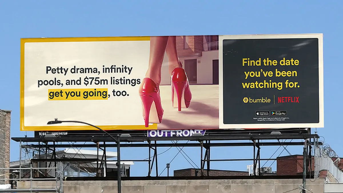 A billboard showing an add for Netflix's and Bumble's campaign.