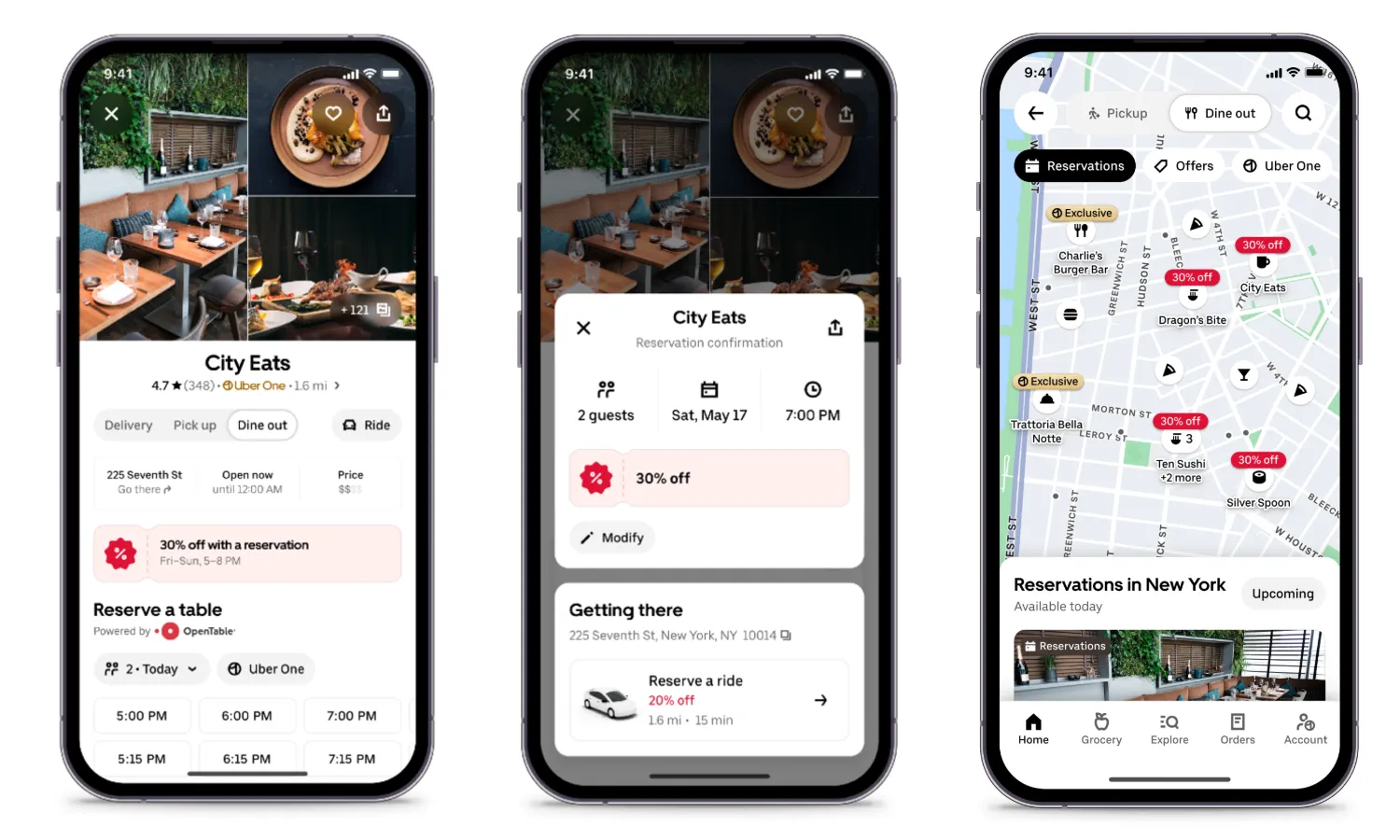 Three images of a smart phone showing ways to reserve through the application.