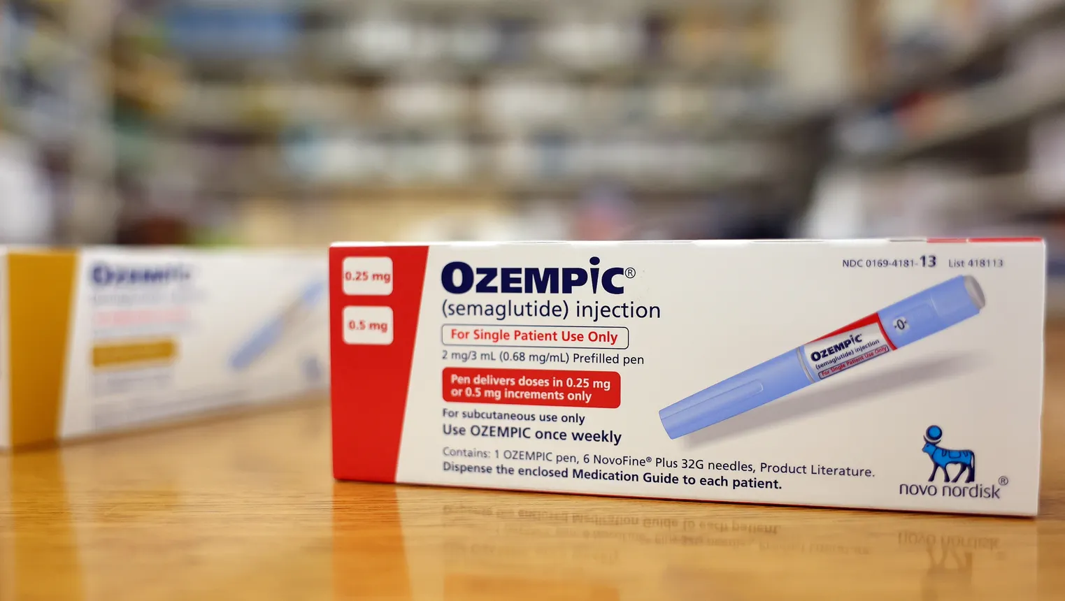 Boxes of the diabetes drug Ozempic rest on a pharmacy counter on April 17, 2023 in Los Angeles, California.