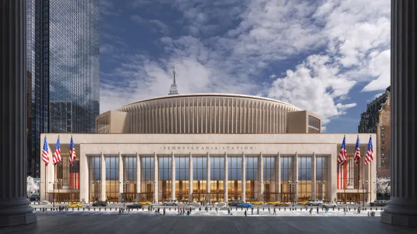 A rendering of a large building with the letters "Pennsylvania Station" emblazoned along the top.