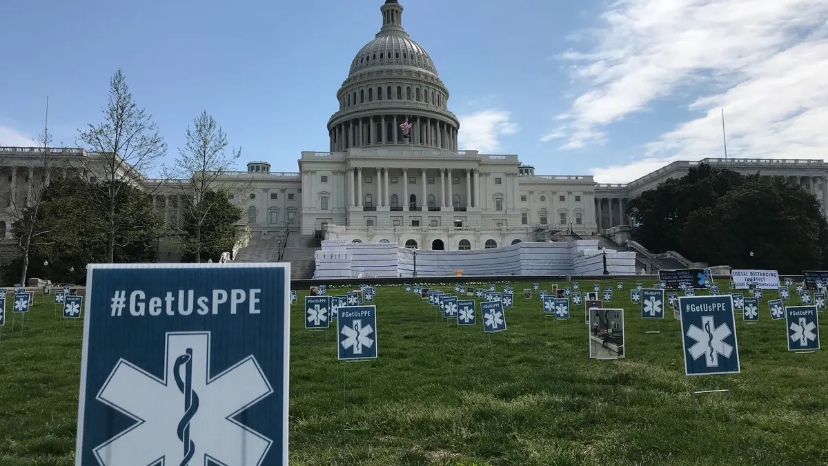 Signs protesting lack of healthcare worker personal protective equipment at the U.S. Capitol on Friday, April 17, 2020