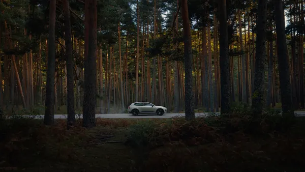 A Volvo EX60 Cross Country is shown driving through a forest.