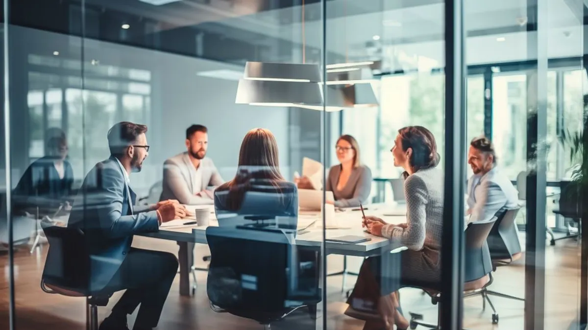 Blurred corporate business team and manager in a meeting in modern glass office