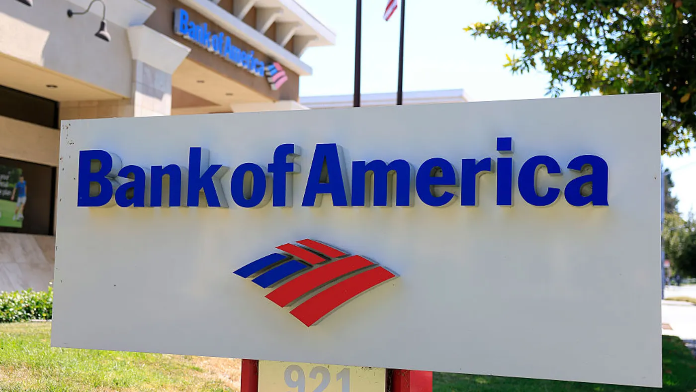 A sign reads "Bank of America" with the company's logo shown below.