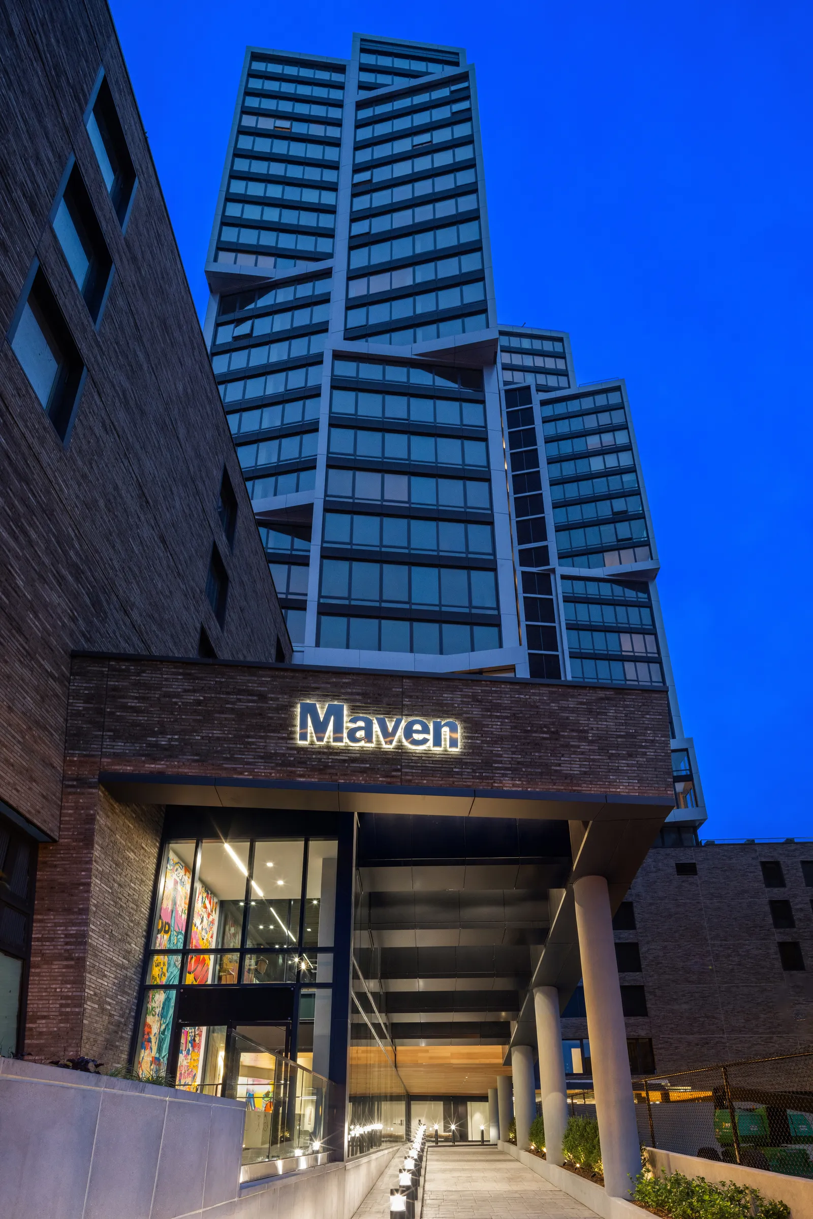 An apartment building with an angled facade.