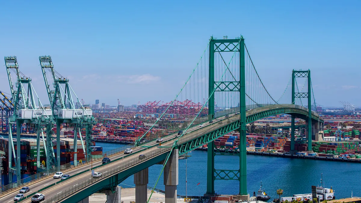 An aerial image of a large bridge.