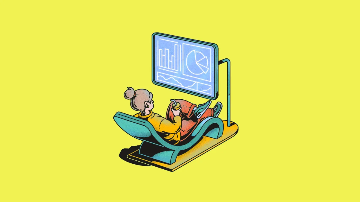 cartoon woman sitting in a recliner and watching graphs on a tv screen