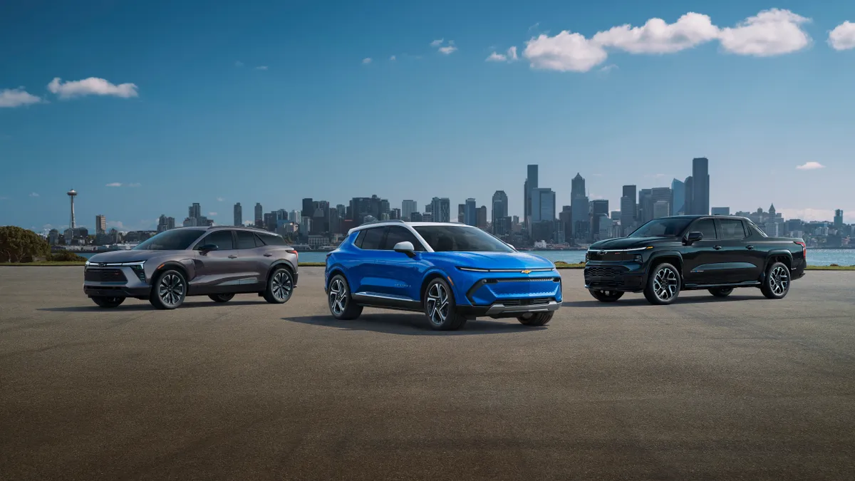 The new Chevrolet Blazer EV, Chevrolet Equinox EV and Chevrolet Silverado EV RST placed together for a media photo.