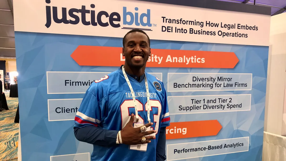 Professional football player and JusticeBid sales executive Emmanuel Smith at the Association of Corporate Counsel’s annual meeting in Las Vegas in October 2022.