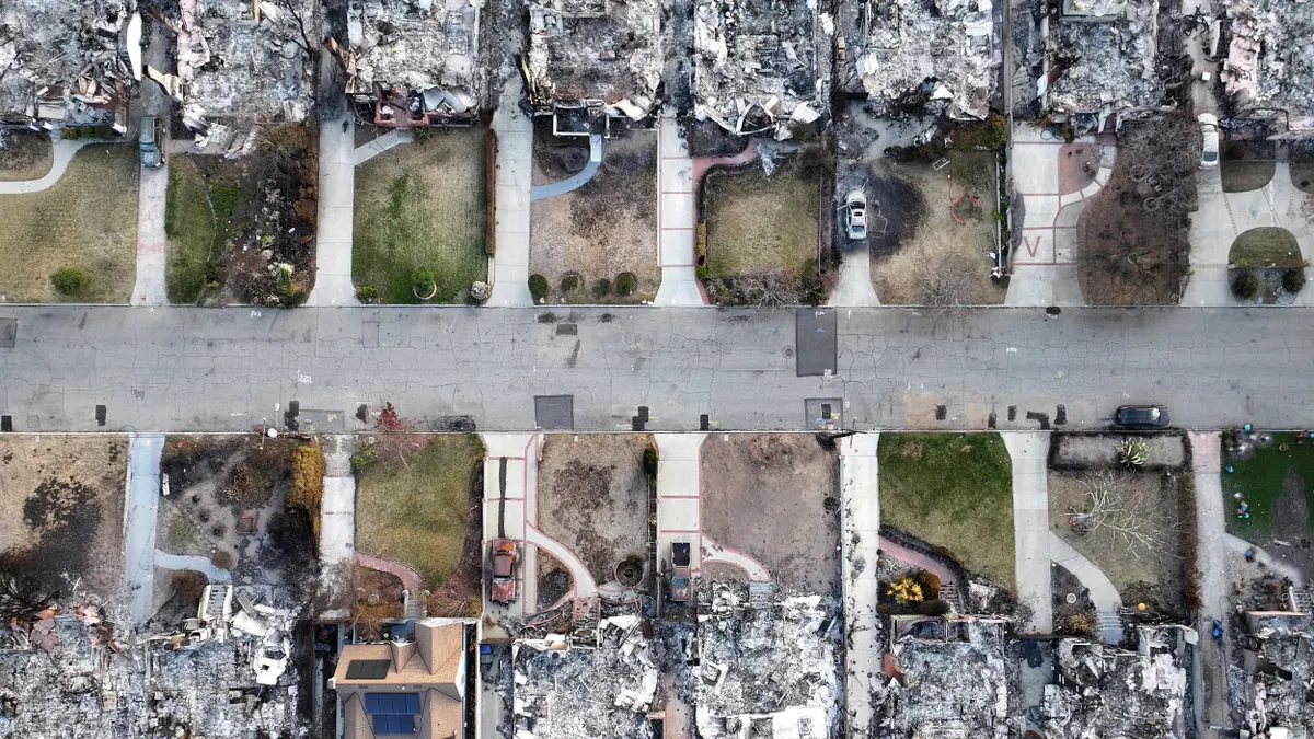 An aerial view of homes burned