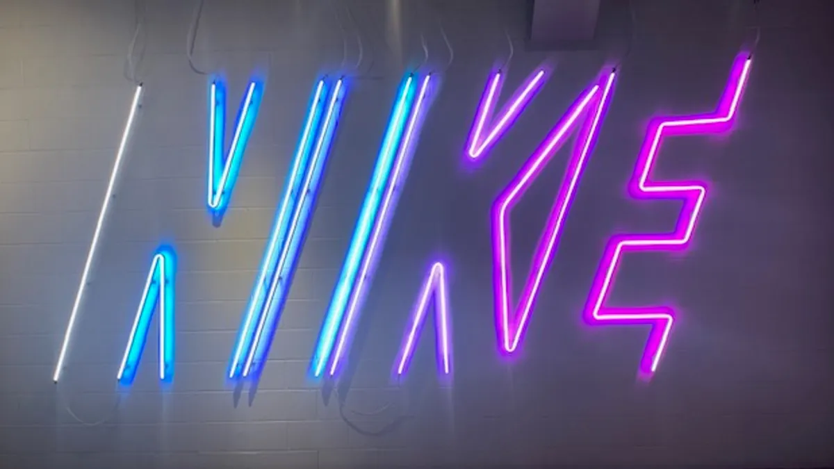 Neon Nike logo in a Chicago store.