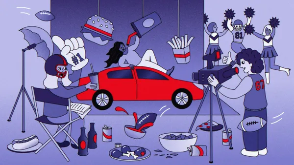 A flat, cartoon-style scene shows a bright red car at center, with a woman lounging on its roof and a person in a football helmet sitting in a director’s chair to the left. On the right, a person films with a camera on a tripod while cheerleaders and a football player jump in the background, and scattered snacks and floating items like a burger, fries, and footballs fill the scene.
