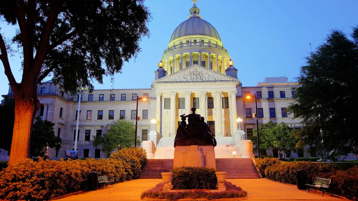 The entrance to Mississippi's state capitol building.