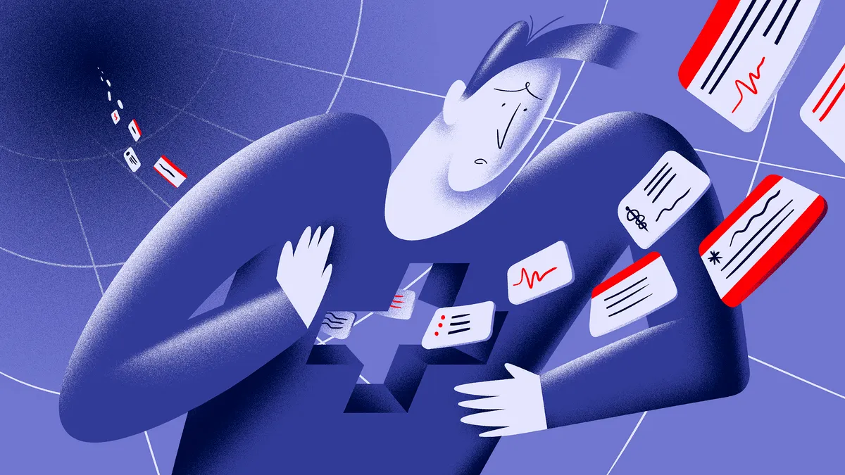 An illustration of personal info cards passing through a medical cross shape opening in a person's chest.