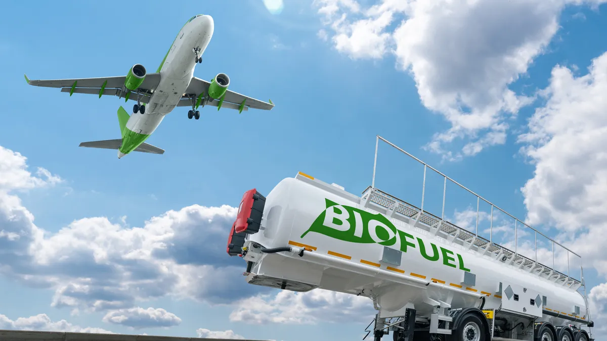 Airplane flying in the blue sky and biofuel tank trailer on the ground.