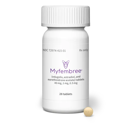 A product image shot of a white pill bottle with the label Myfembree with a single orange tablet next to the bottle.