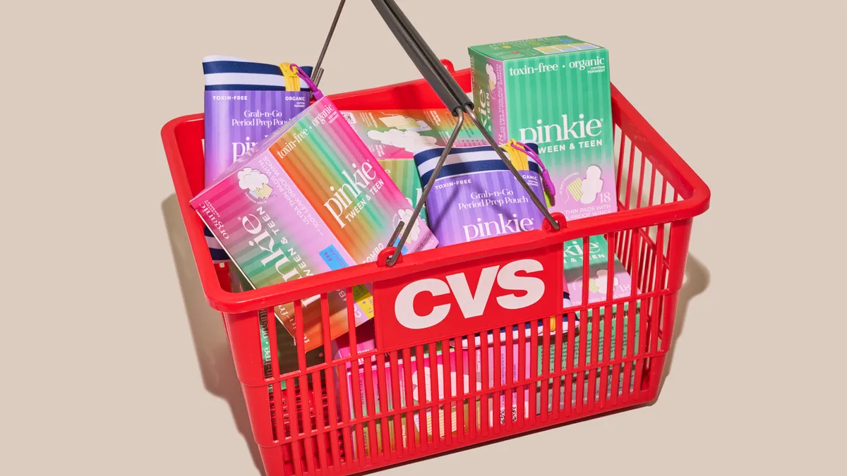 A brand image of Pinkie boxes in a CVS shopping basket