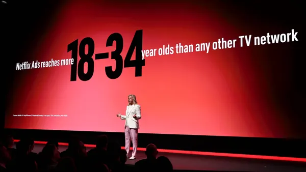 Netflix president of ads Amy Reinhard on stage at the streamer's 2025 upfront presentation