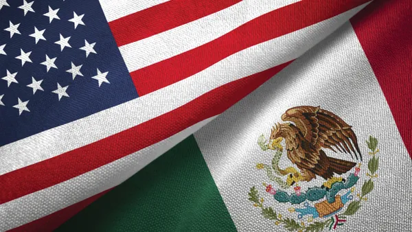 The flag of the United States and Mexico each take up half of the image