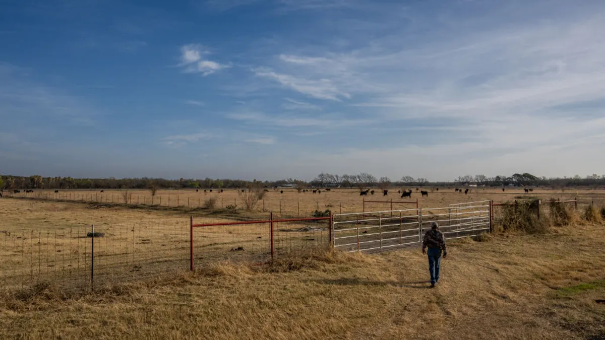 A person wanders in the distance near a fence on a dry day under the blue sky.
