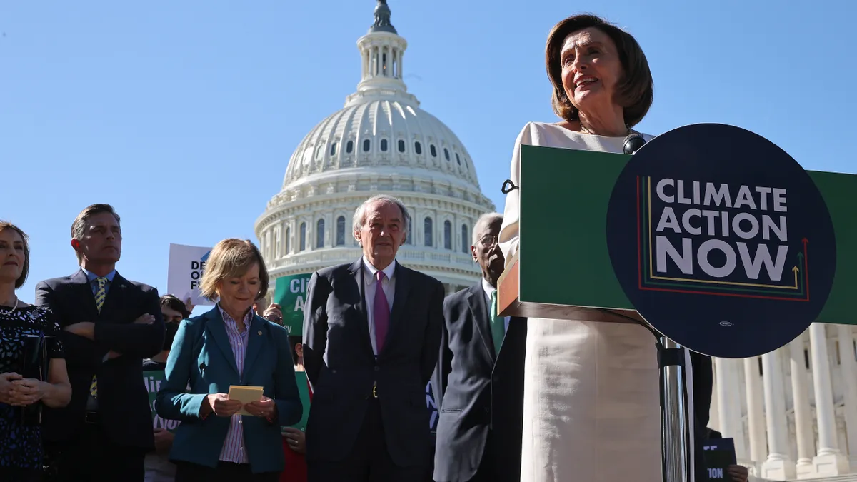 Nancy Pelosi speaks outside the U.S. Capitol.