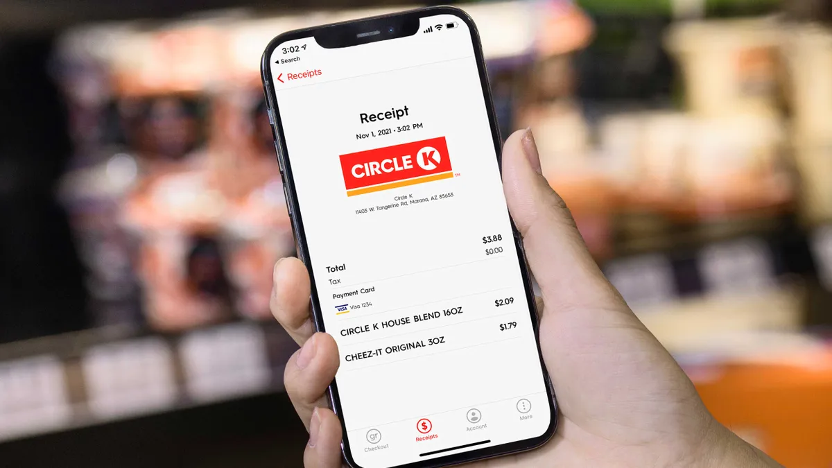 Screenshot of Grabango app showing Circle K receipt