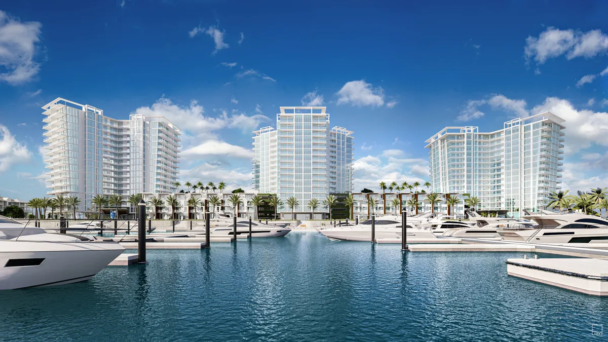 Three towers over a waterfront property.