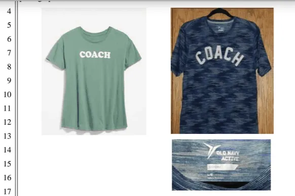 A screenshot of images within a legal complaint. Two t-shirts are pictured with the word &quot;Coach&quot; on them.