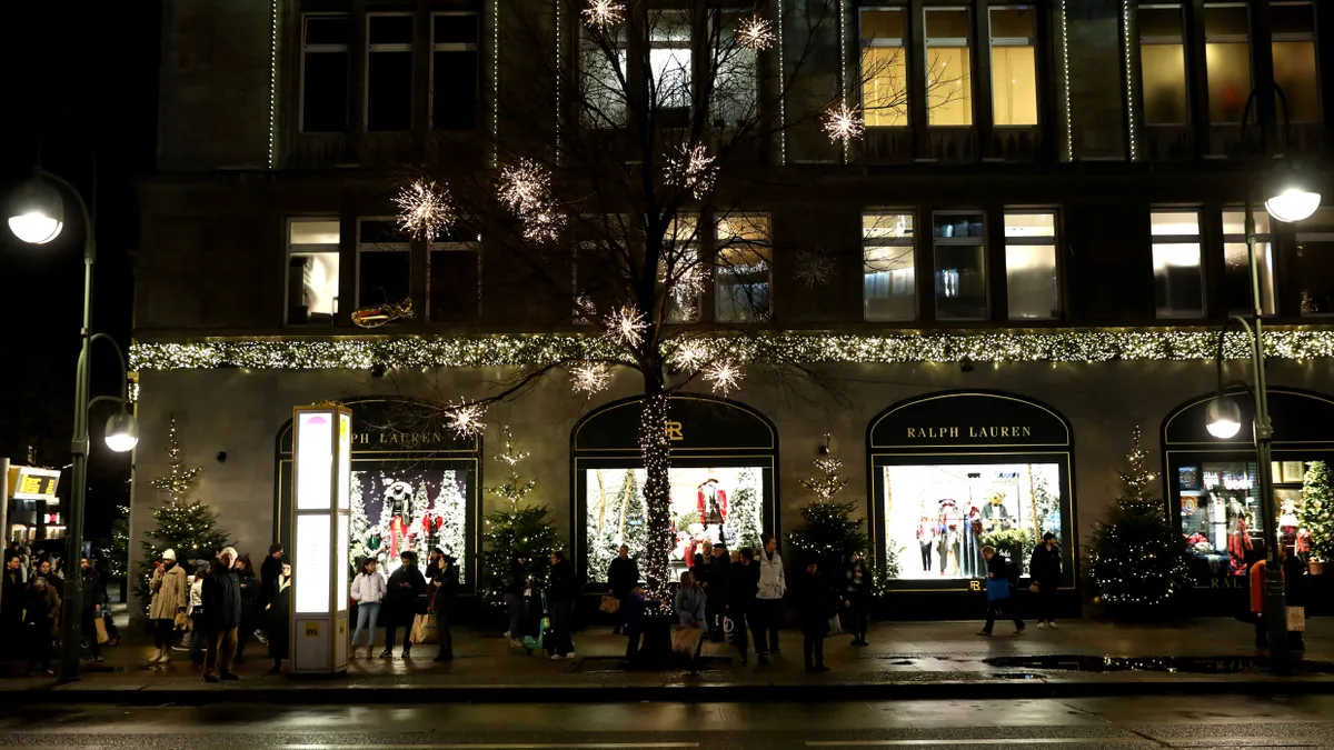 A Ralph Lauren store as seen at night is lit up for the winter holidays.