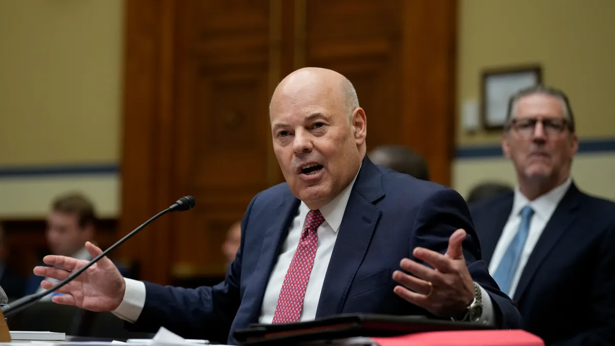 U.S. Postmaster General Louis DeJoy testifies during a House Oversight Subcommittee on Government Operations and Federal Workforce hearing on Capitol Hill May 17, 2023 in Washington, DC.