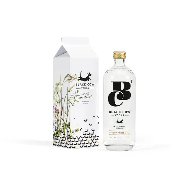 A bottle of Black Cow vodka next to a gift box for the product shaped like a milk carton.