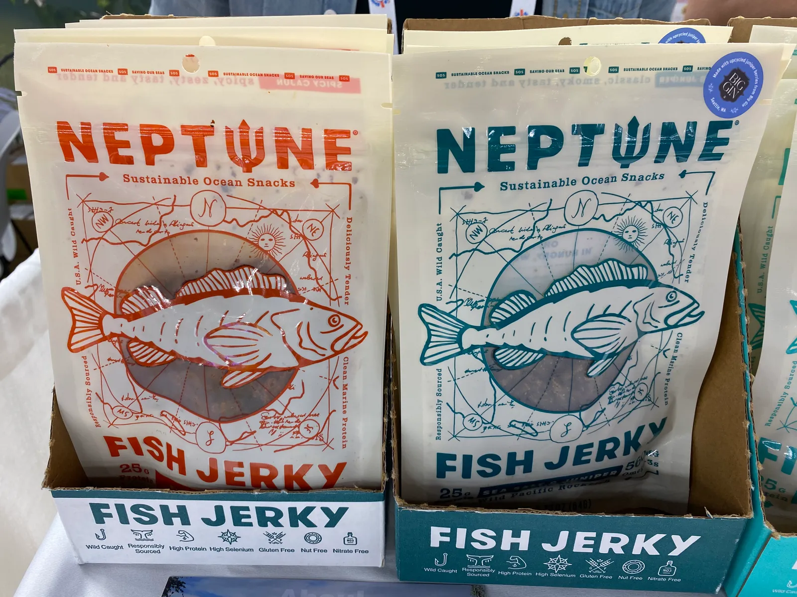 Packages of Neptune&#x27;s fish jerky at the Sweets &amp; Snacks Expo in Indianapolis in 2024.