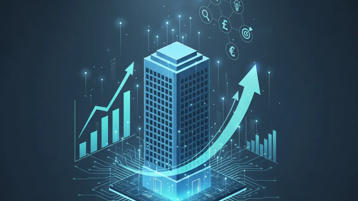 An image of a skyscraper alongside a graph and a rising arrow, illustrating upward movement in financial performance.