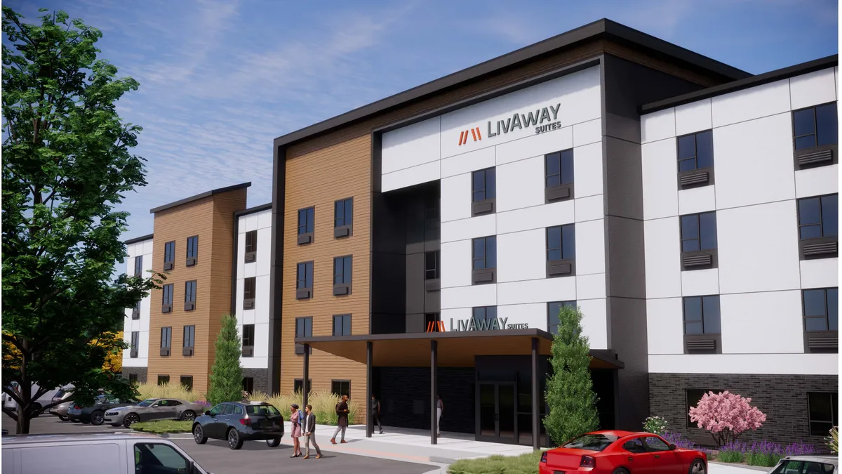 A rendering of a LivAway Suites hotel.