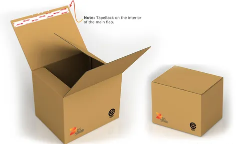 Renderings of cardboard boxes with DS Smith logos and a glue strip on the inside of the box lid.