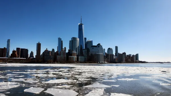 Ice floats cover part of the Hudson River along the Manhattan shoreline.
